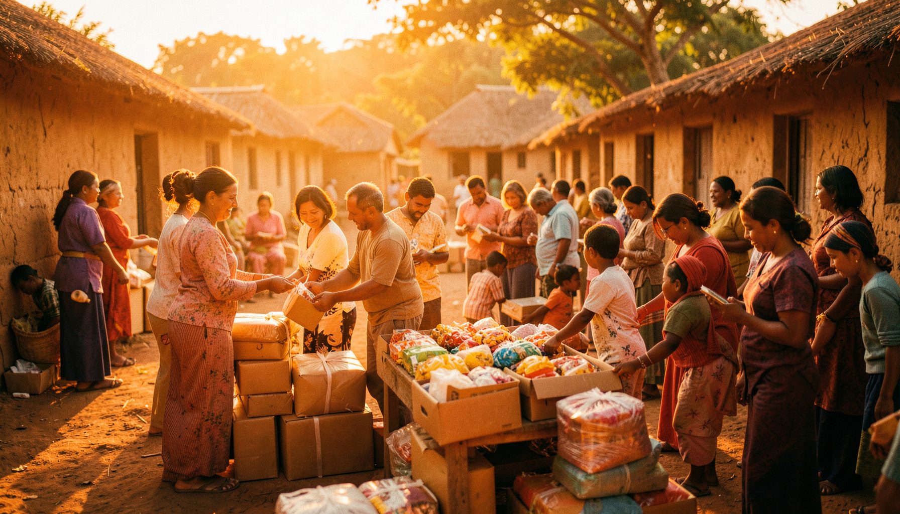 Wide cinematic frame of people distributing care packages and sweets in a rural village, golden hour sunlight, joyful atmosphere
