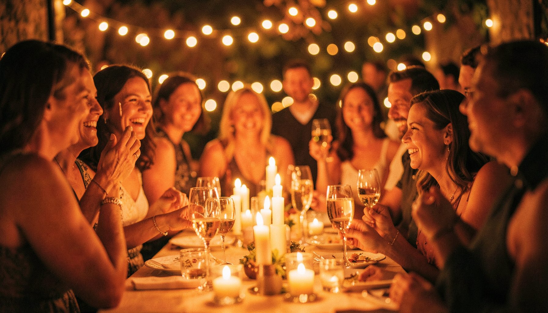 Celebratory gathering with soft candlelight and warm golden bokeh, joyful atmosphere