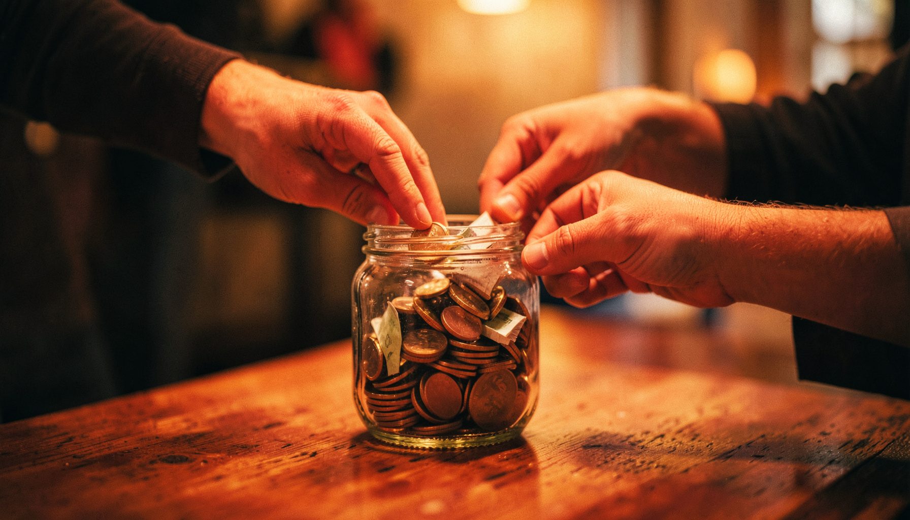 Wide cinematic view of hands placing coins and notes into a donation jar on a wooden table, warm amber tones with a soft shallow depth of field