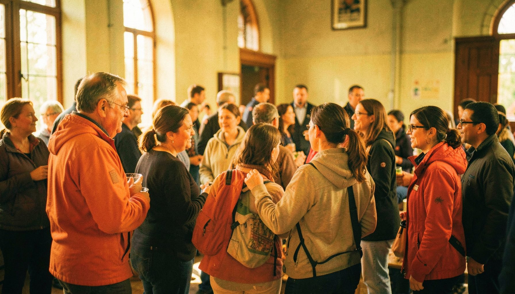 Warm gathering of community volunteers in a sunlit hall, golden and green tones, shallow depth of field