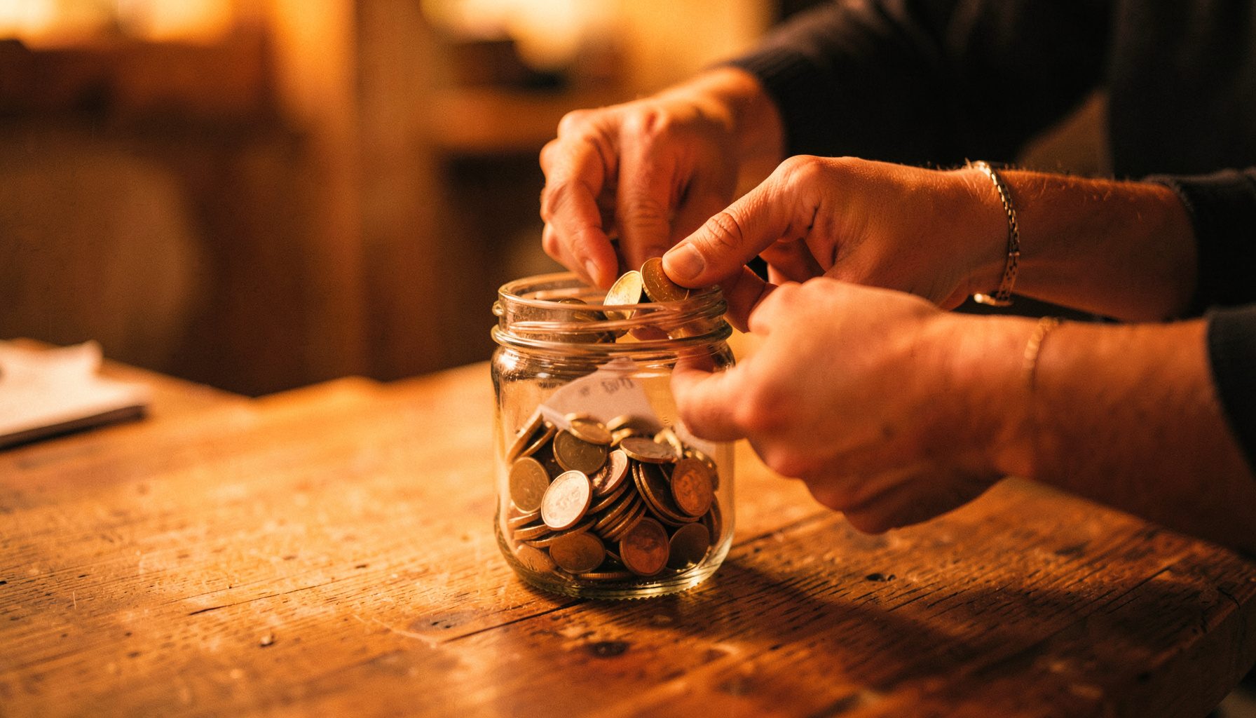 Wide cinematic view of hands placing coins and notes into a donation jar on a wooden table, warm amber tones with a soft shallow depth of field