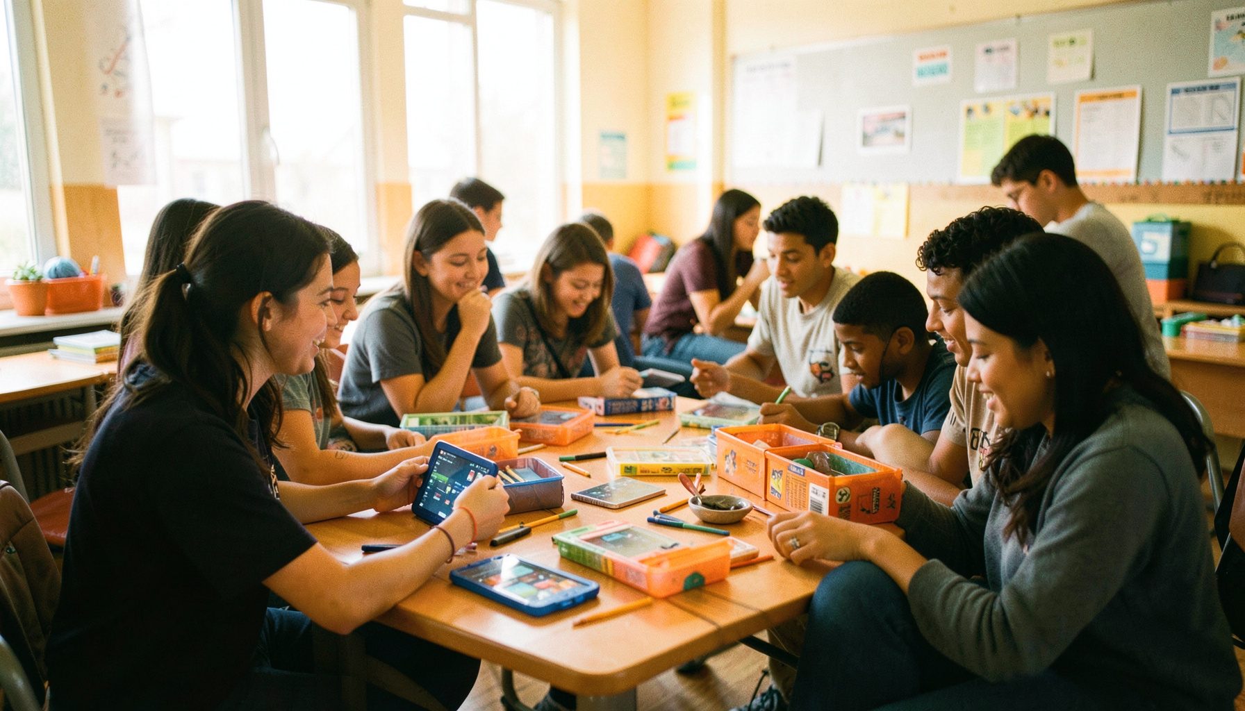 Students and volunteers gathered around digital learning kits in a bright classroom, soft natural light
