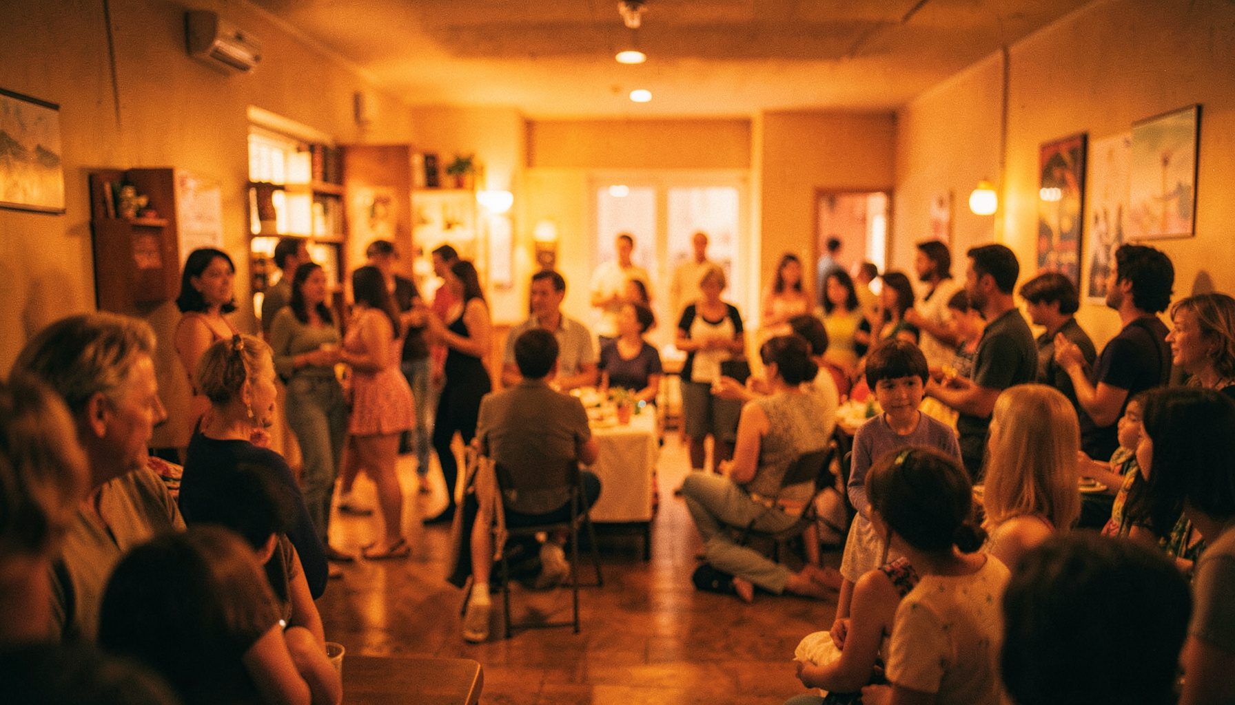 Wide cinematic view of a softly lit community gathering space with warm amber tones and shallow depth of field