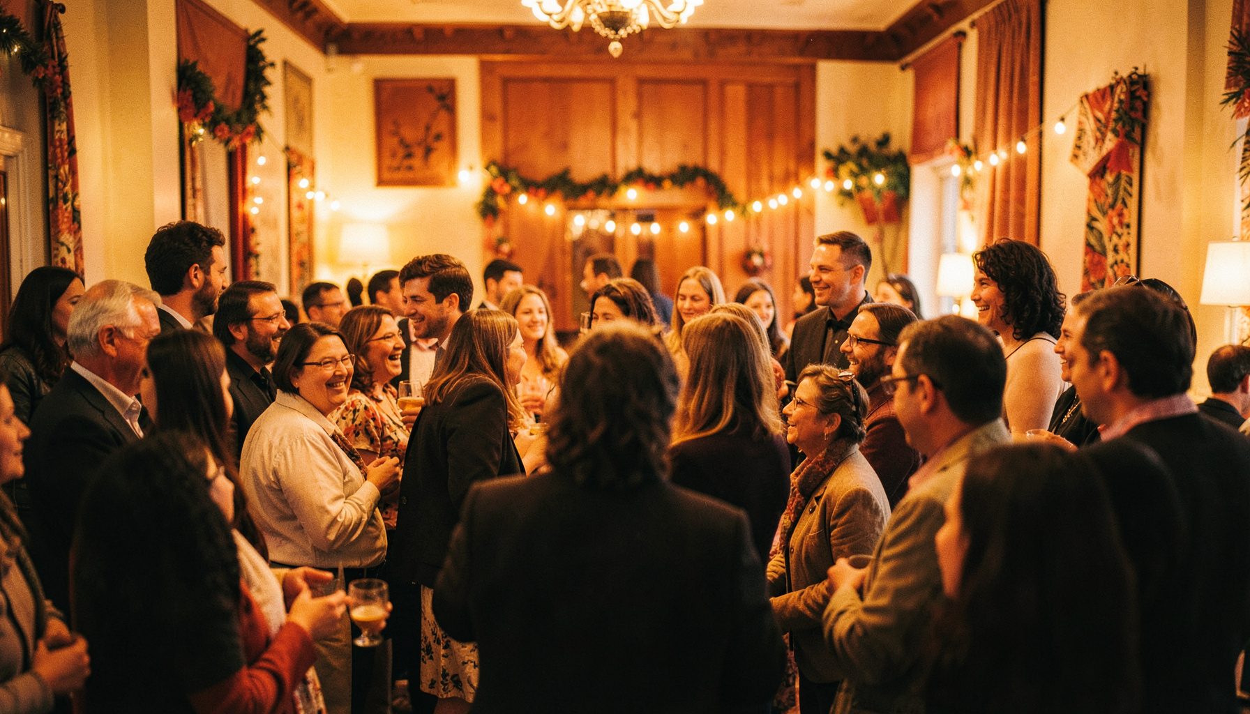 Warmly lit gathering of community members celebrating together in a decorated hall, rich amber and cream tones