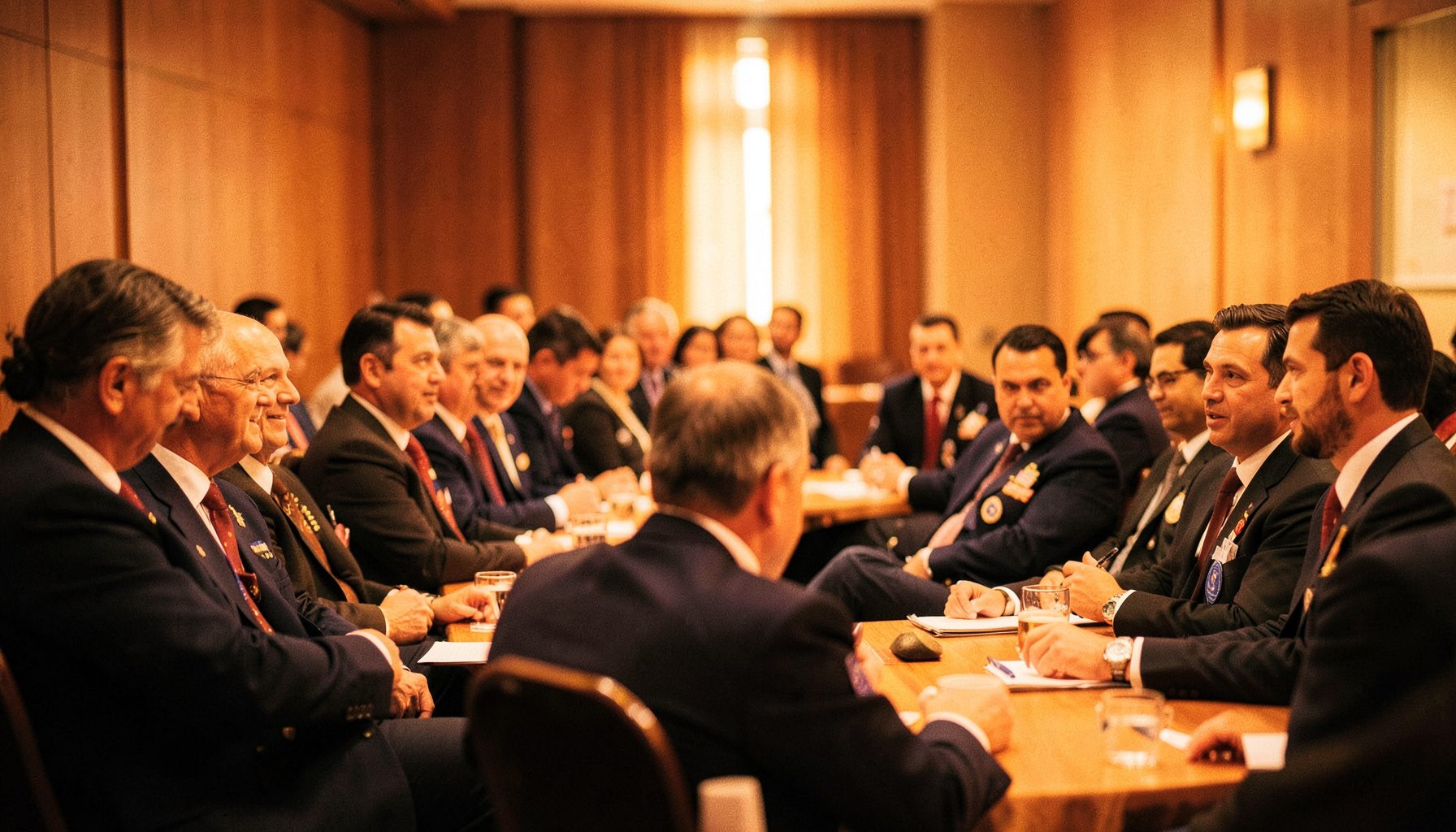Formal gathering of Rotary members in a meeting hall with warm golden light and attentive expressions
