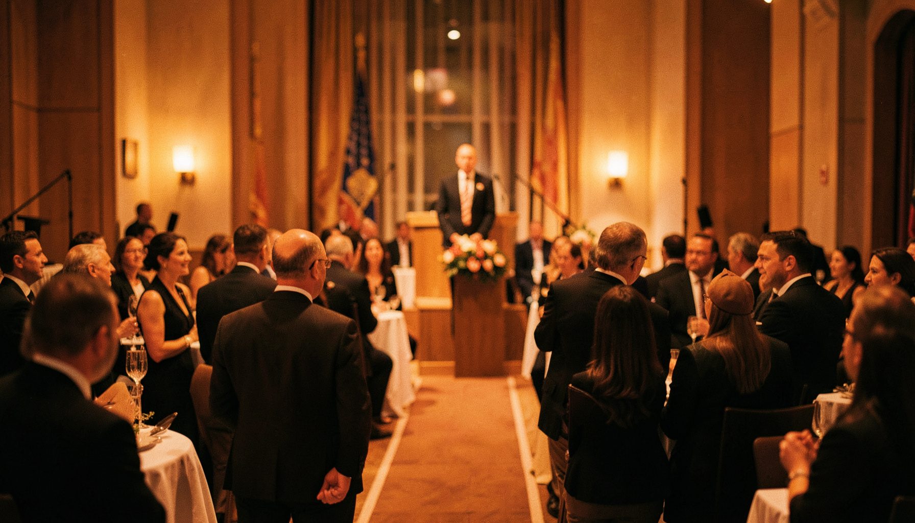 Wide cinematic frame of a warmly lit Rotary recognition ceremony with soft amber light, shallow depth of field, elegant atmosphere