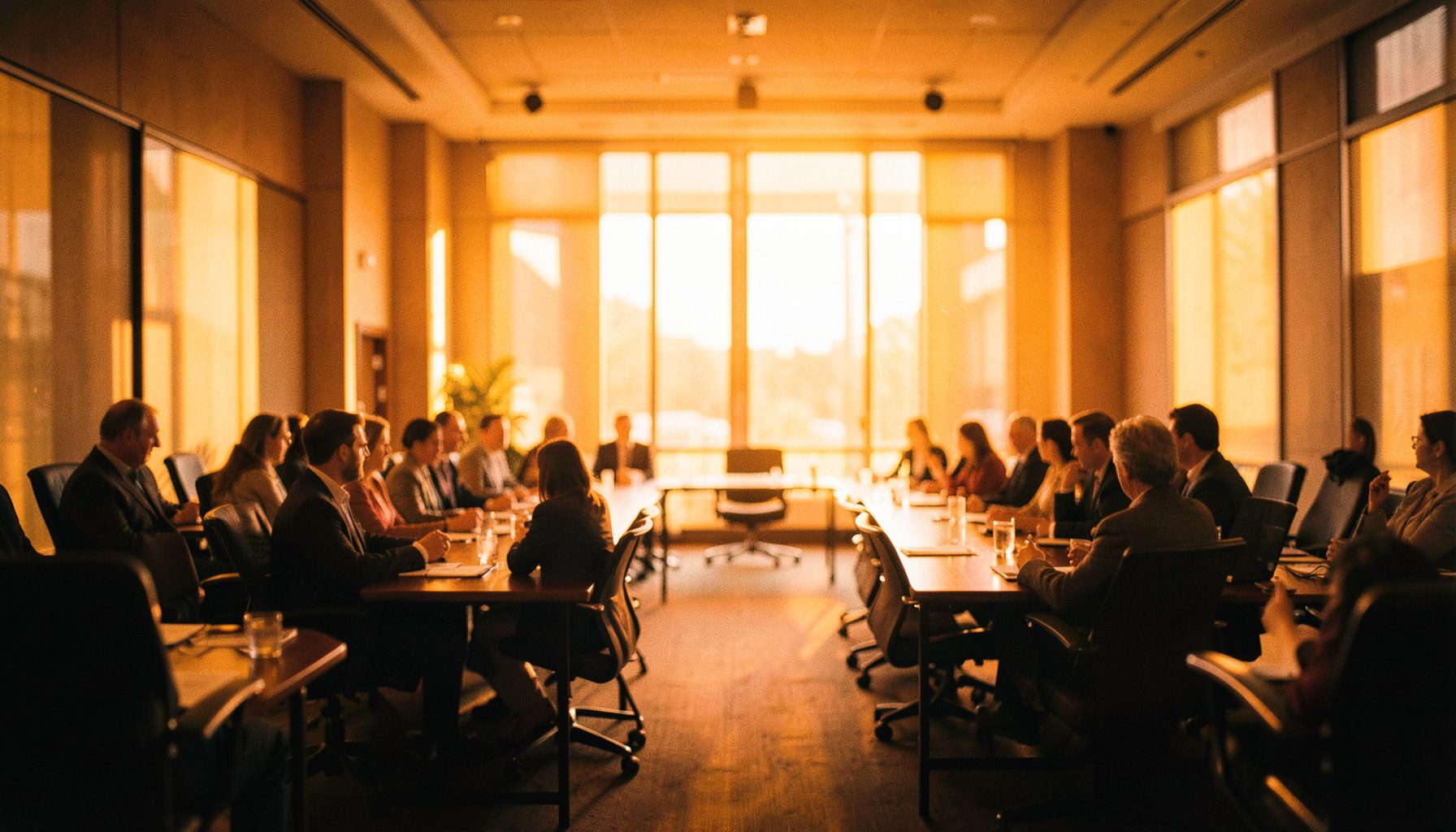 Wide cinematic frame of a softly lit meeting hall with warm amber light filtering through tall windows, shallow depth of field