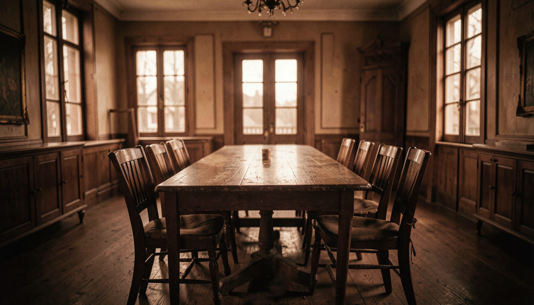Wide cinematic view of an old wooden meeting table and empty chairs in warm sepia light, evoking an early twentieth-century community gathering space