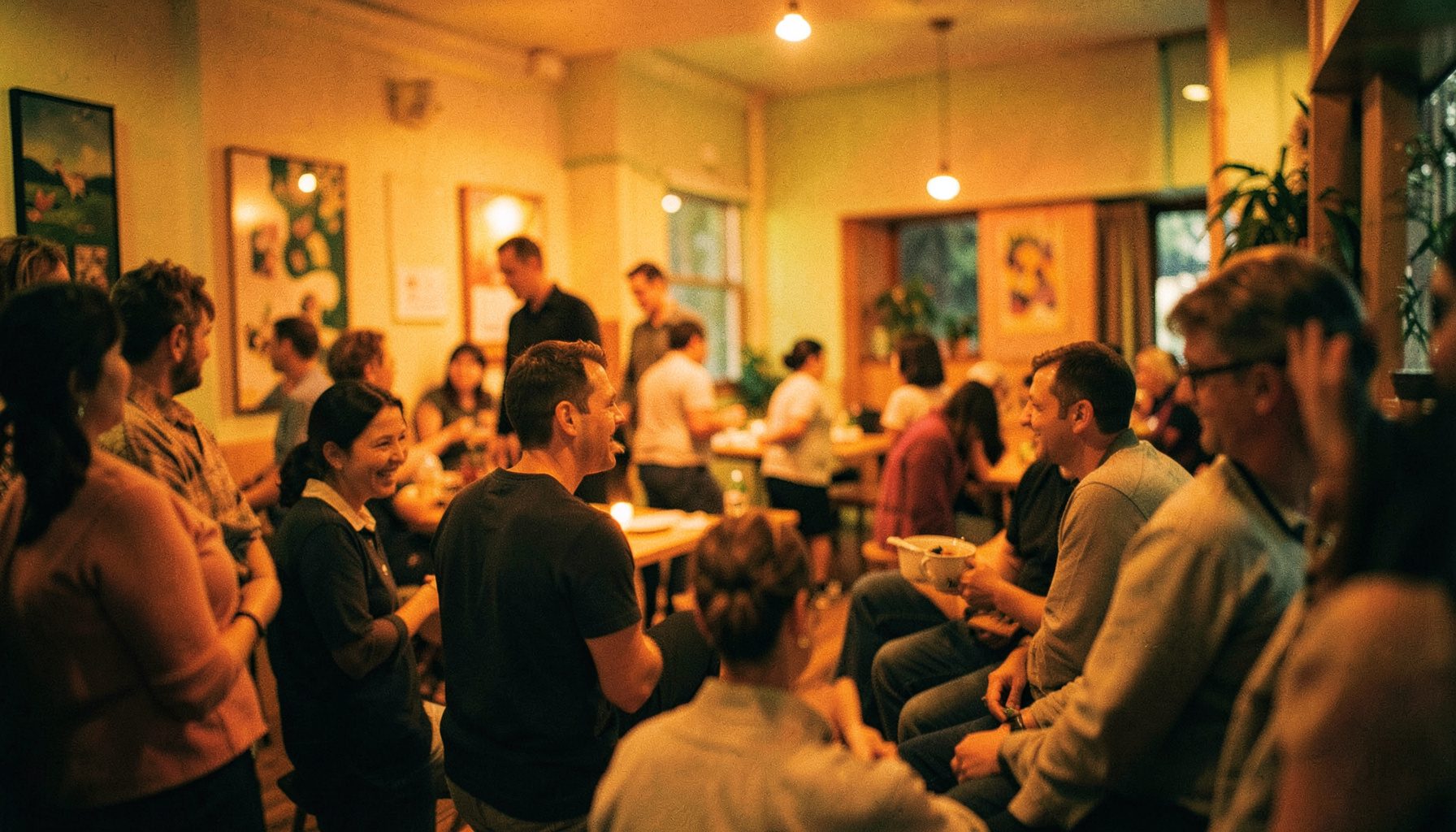 Warm cinematic view of a softly lit community gathering space with amber and green tones, shallow depth of field
