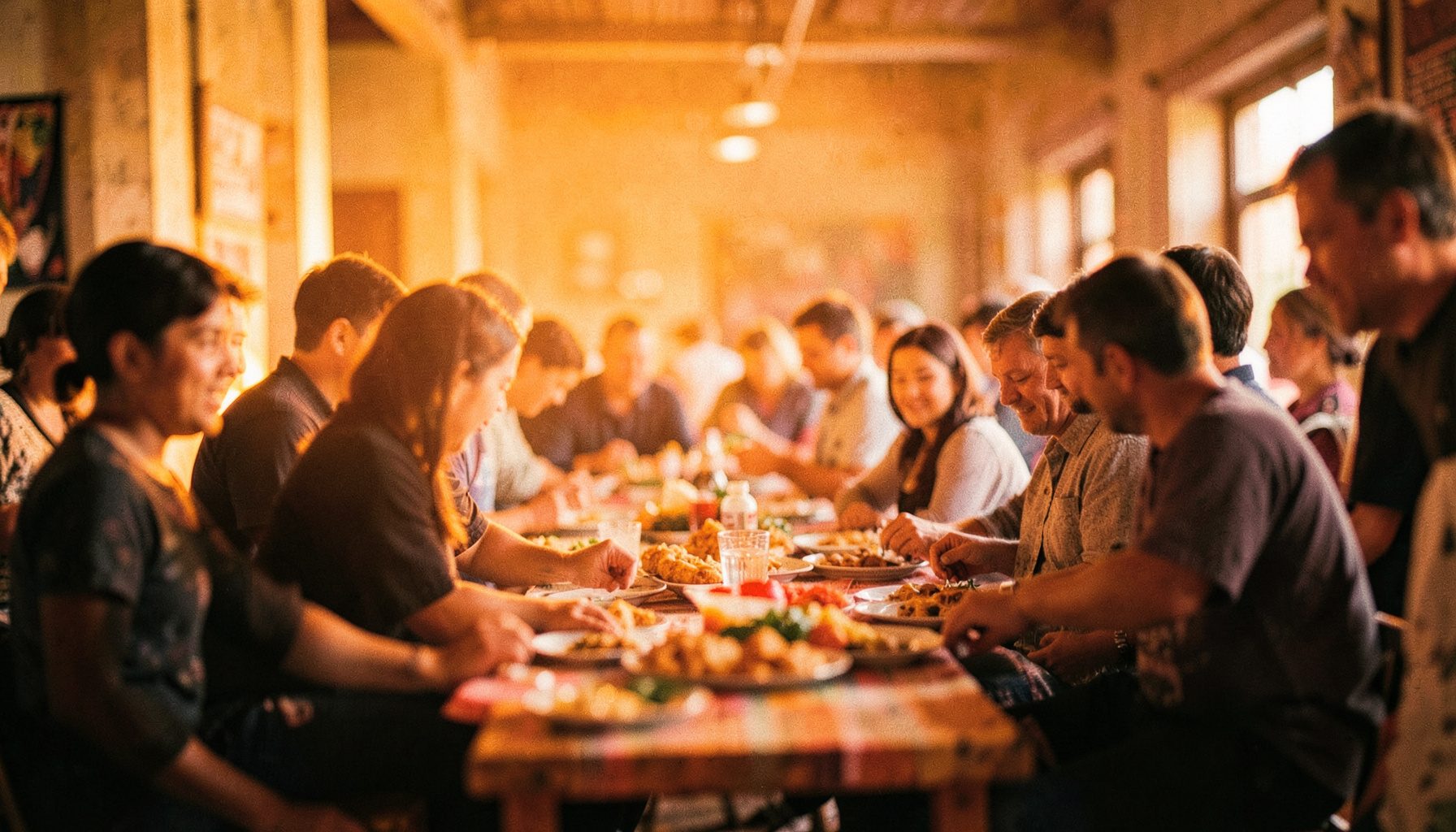 Wide cinematic view of a community gathering in warm golden light, with blurred figures working together around a table, shallow depth of field