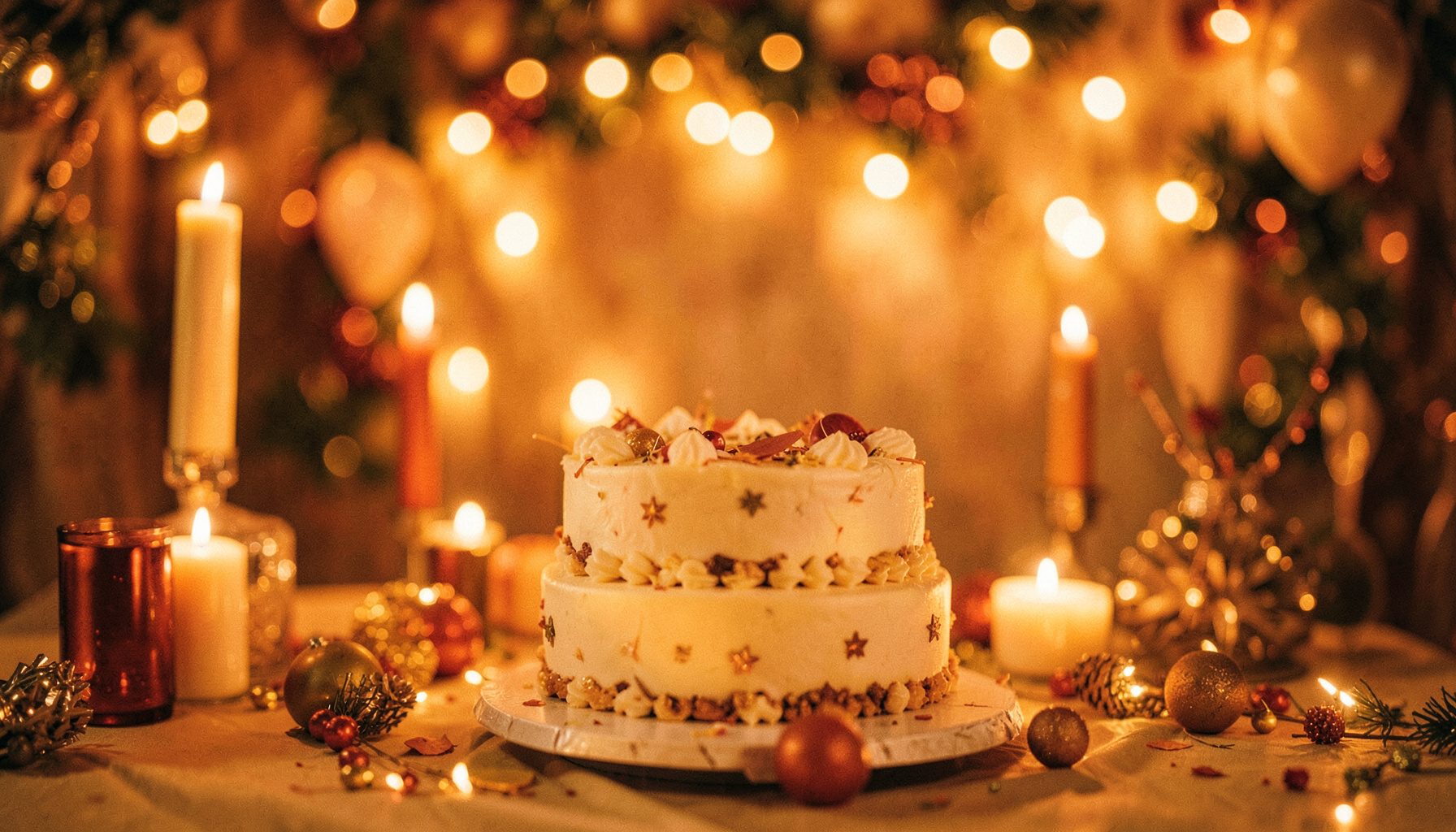 Warmly lit celebration scene with a cake and festive decorations in soft amber tones, shallow depth of field