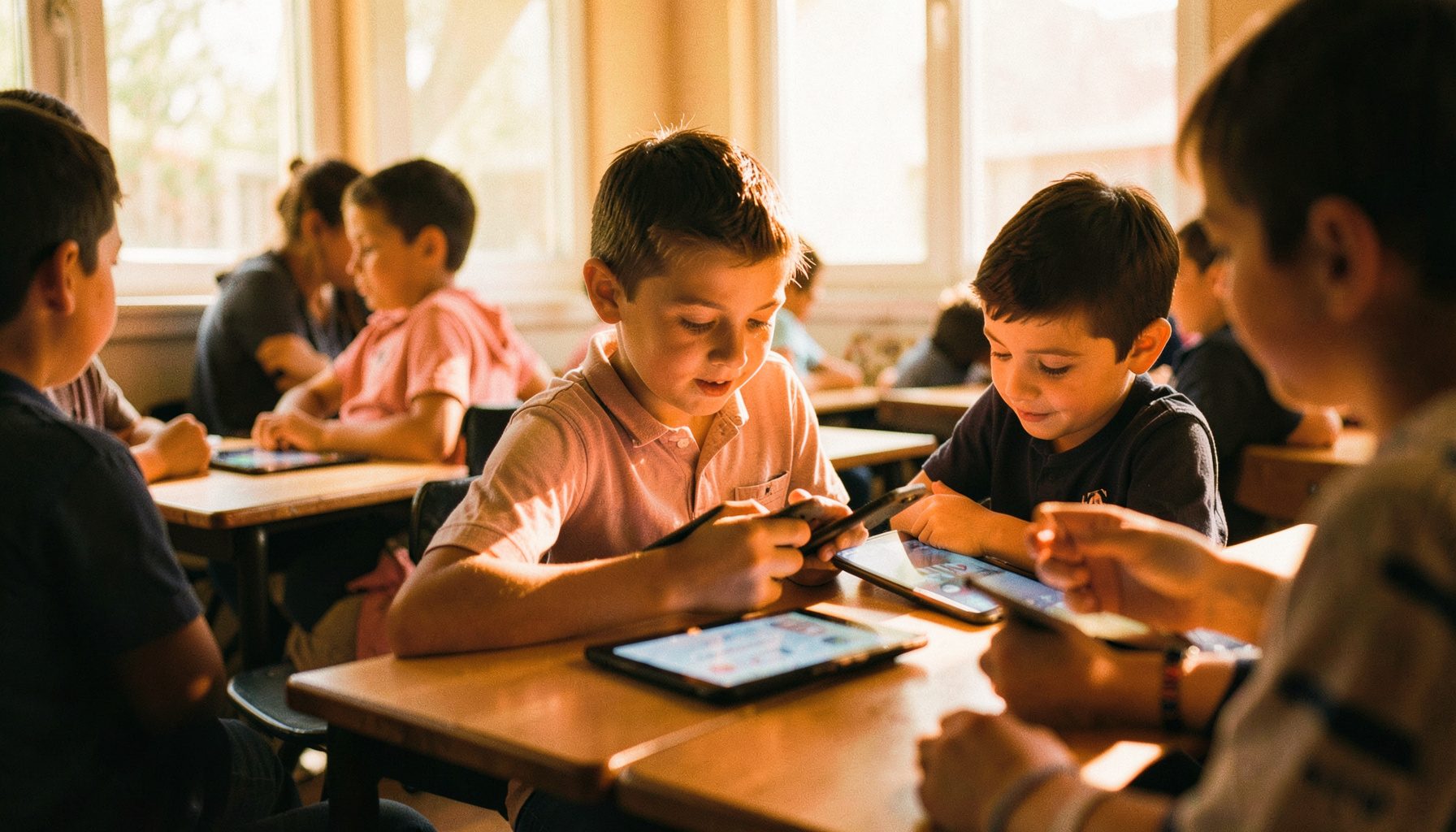 Children in a classroom setting with digital tablets, warm natural light streaming through windows, shallow depth of field