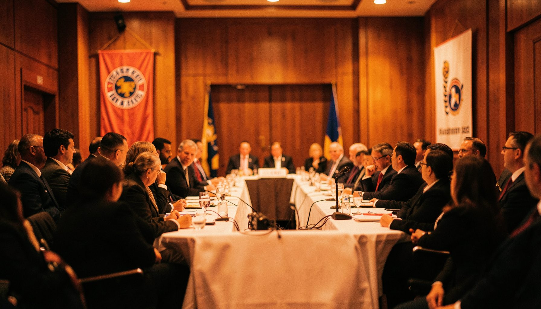 A formal gathering in a meeting hall with Rotary banners, warm amber light, shallow depth of field