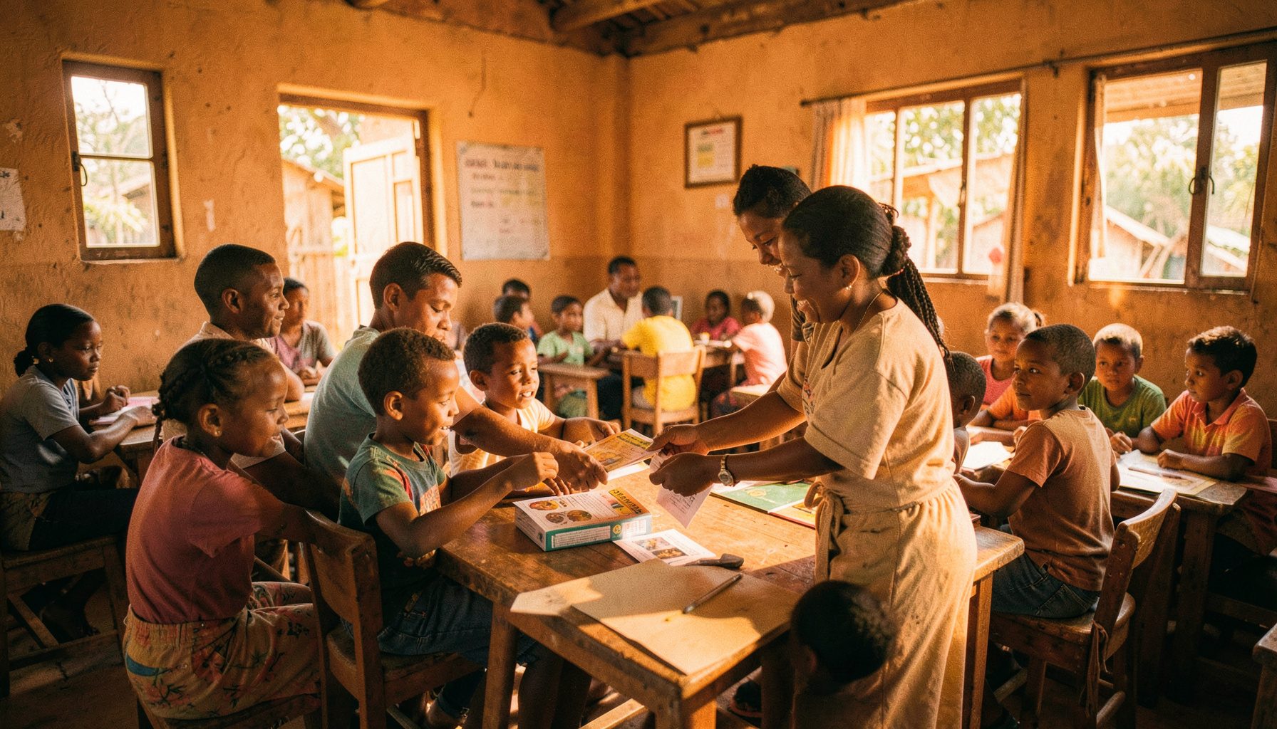 Wide cinematic frame of volunteers distributing educational kits to children in a sunlit village classroom, warm natural tones