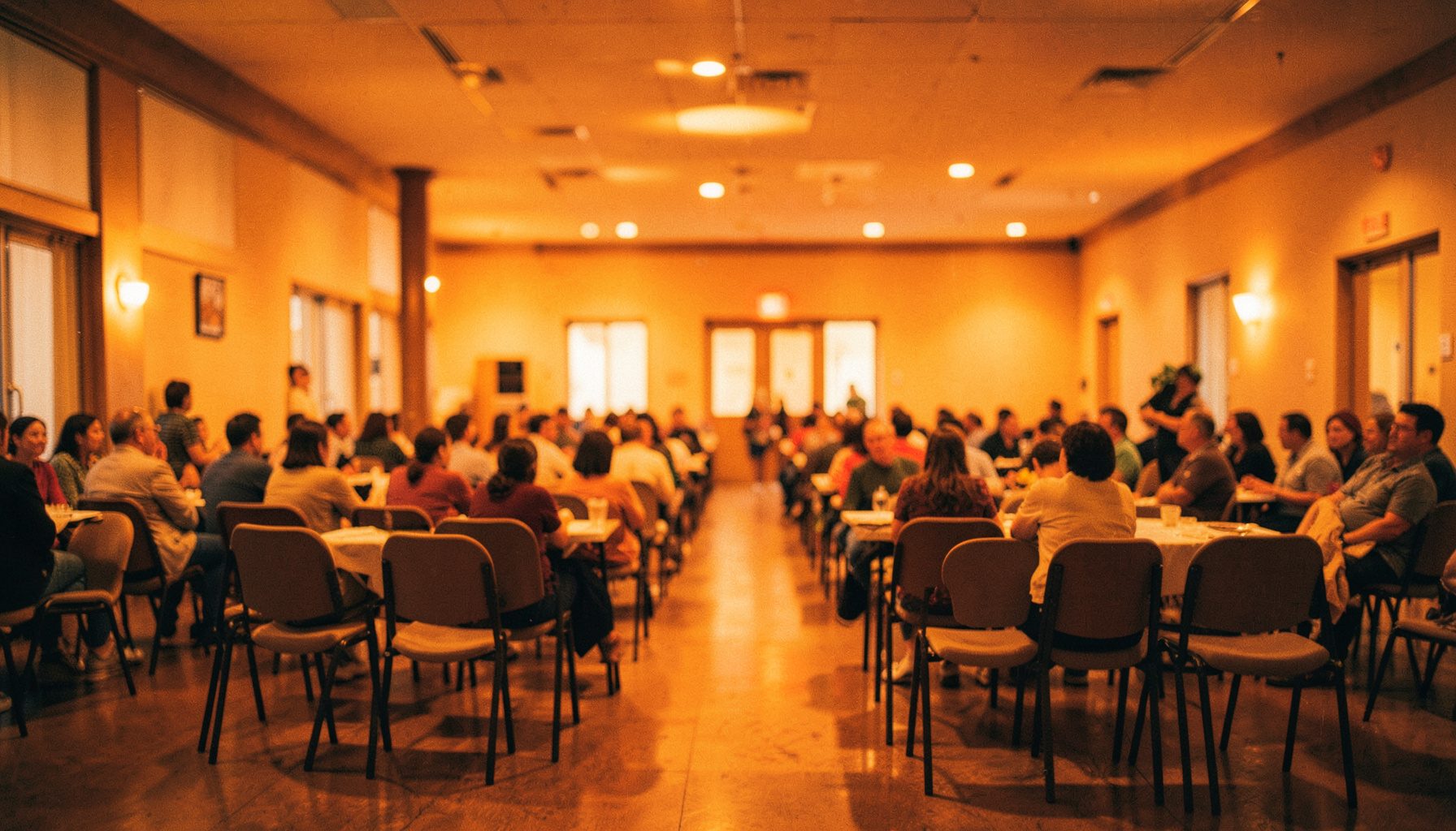 Wide cinematic frame of a softly lit community gathering hall with warm amber light and rows of chairs, shallow depth of field