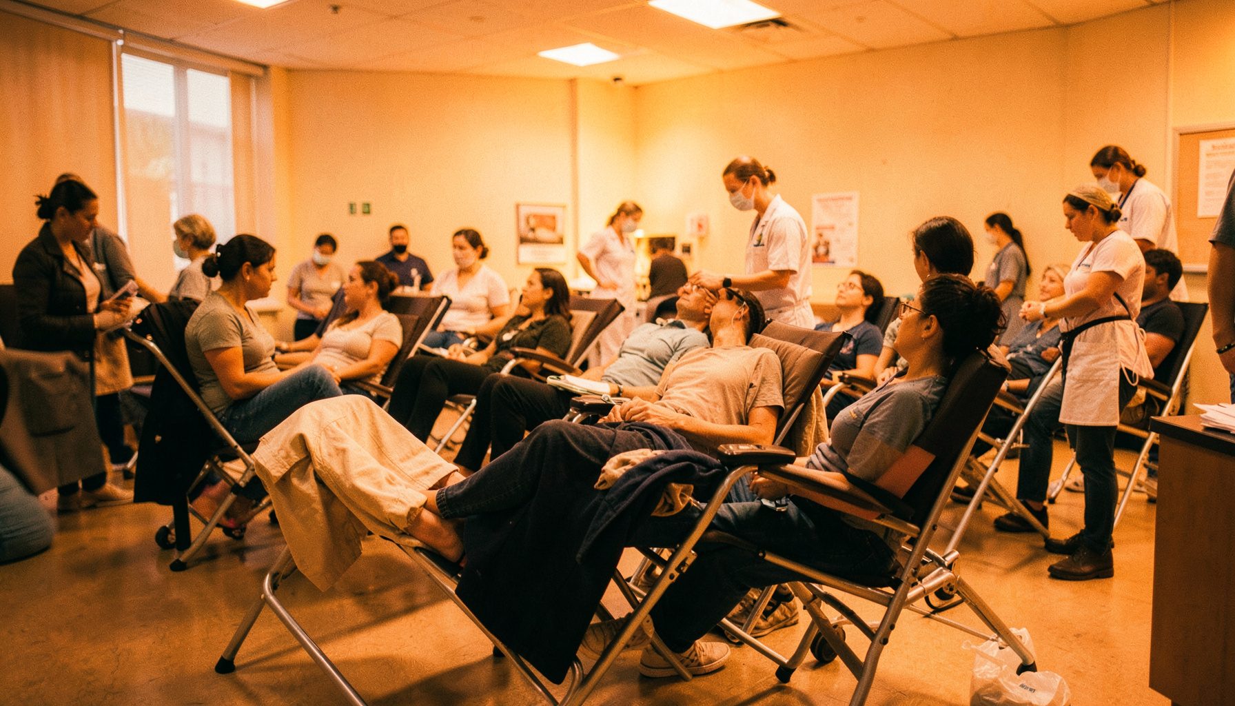 Wide cinematic frame of a blood donation drive with donors seated on reclining chairs and medical staff in attendance, soft indoor lighting