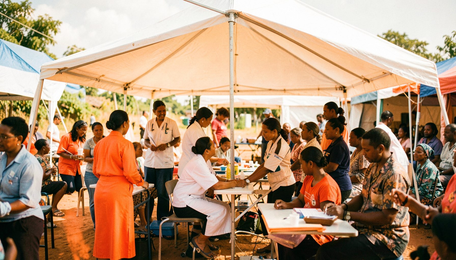 Wide cinematic frame of a medical checkup camp under a white tent with healthcare workers and community members, bright daylight