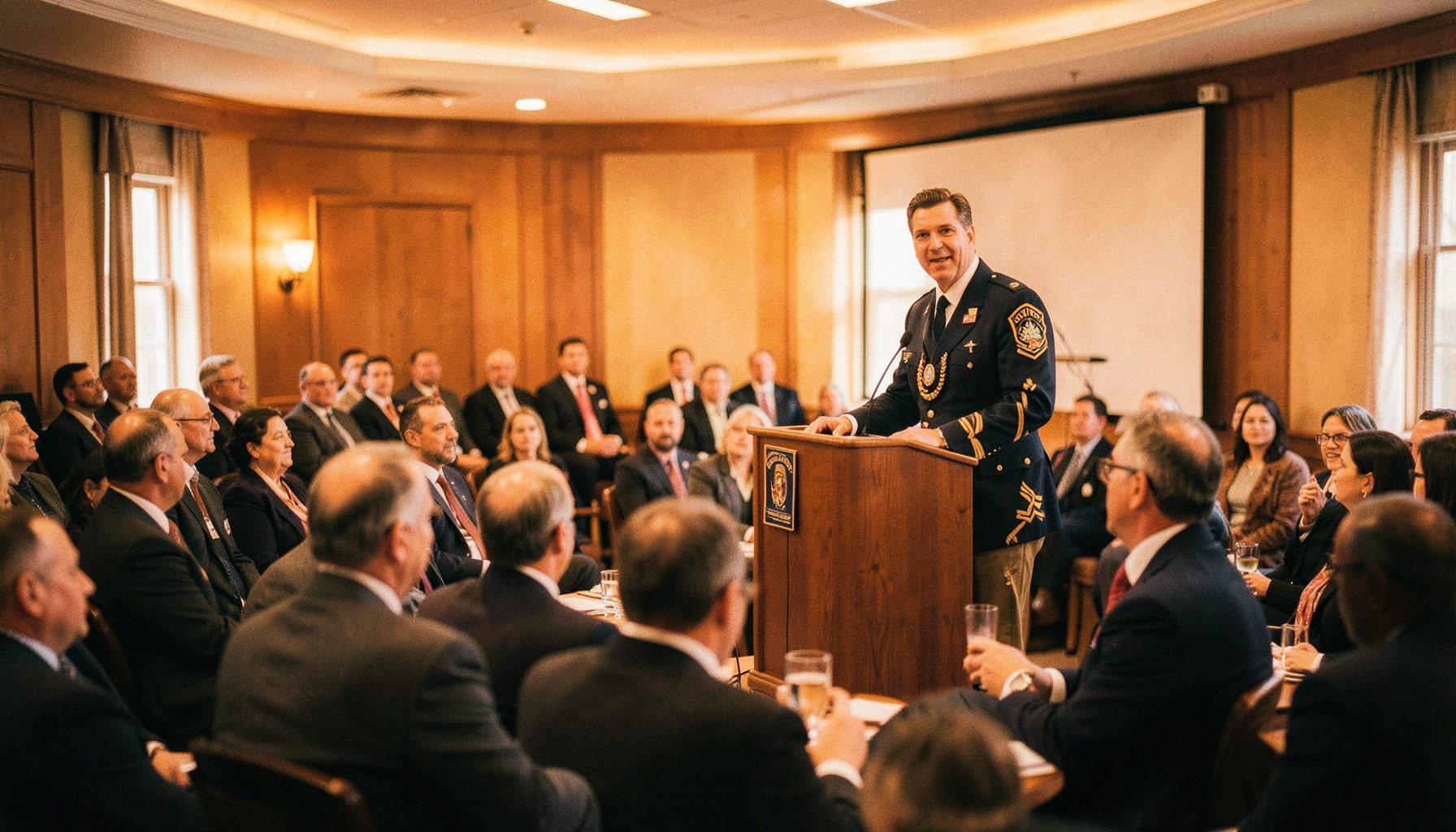 Wide cinematic frame of a formal Rotary gathering with a district governor addressing members at a podium, warm indoor lighting