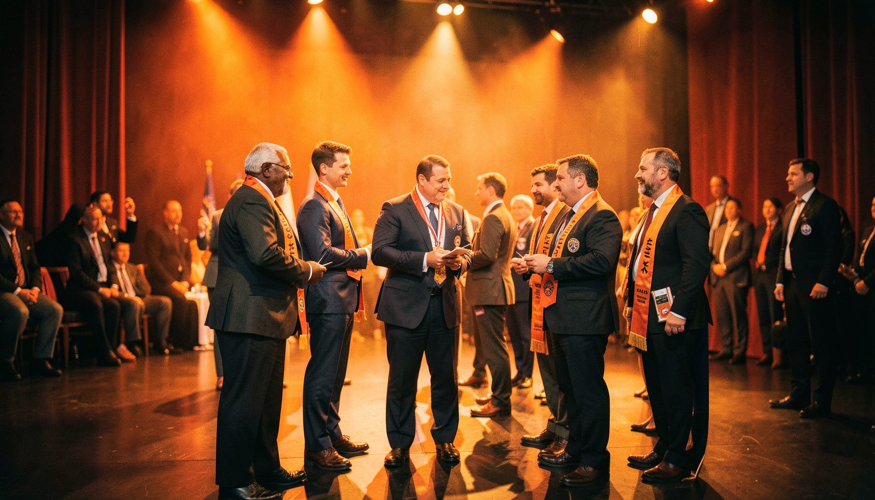 Wide cinematic frame of an installation ceremony with new Rotary team members receiving pins and sashes, warm stage lighting